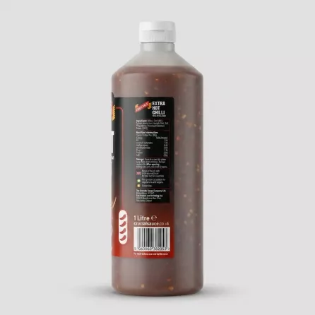 Enhanced Back label of Crucials Extra Hot Chilli Sauce showing ingredients and nutrition facts