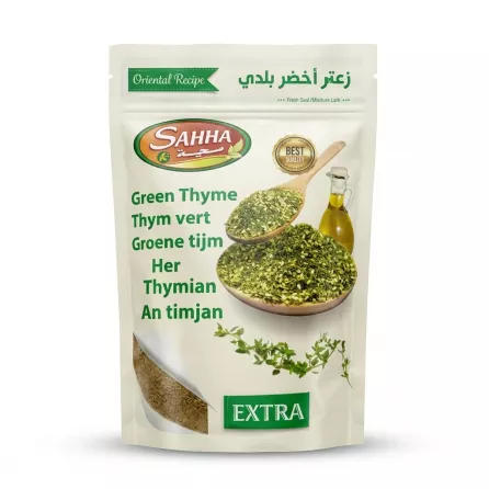Enhanced Front of Sahha Green Thyme Extra packaging showing herbs and ingredients