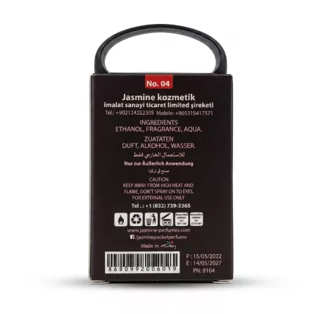 Enhanced Back packaging of Jasmine Invictu Pocket Perfume for Men with ingredients and barcode