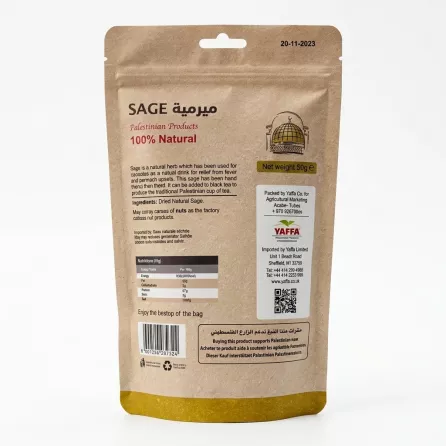 Enhanced Back of Yaffa Sage Palestinian Products 55g showing product information and nutritional facts