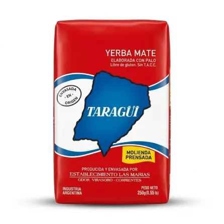 Enhanced Taragüí Yerba Mate 250g front packaging in hand