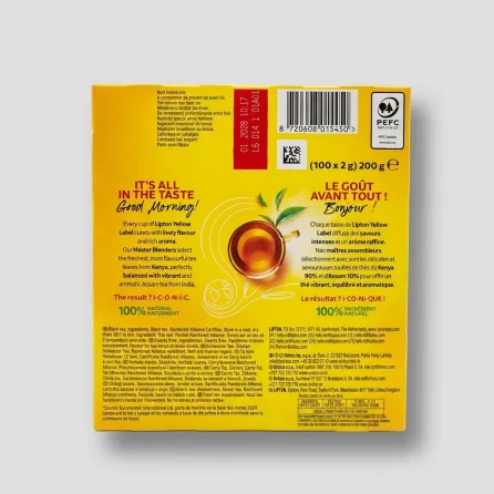 Enhanced Back of Lipton Yellow Label Black Tea box with product details and ingredients