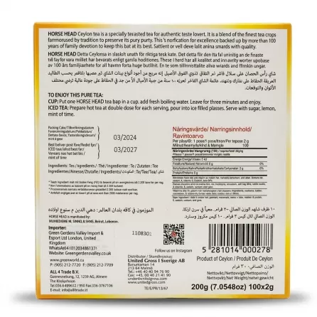 Enhanced Back of Horse Head Black Ceylon Tea box with product information and nutritional details