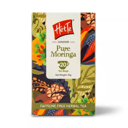 Enhanced Front of HetTe Pure Moringa Herbal Tea box showing colourful design and 20 tea bags