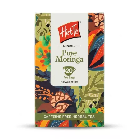 Enhanced Front view of HetTe Pure Moringa Herbal Tea box with floral artwork
