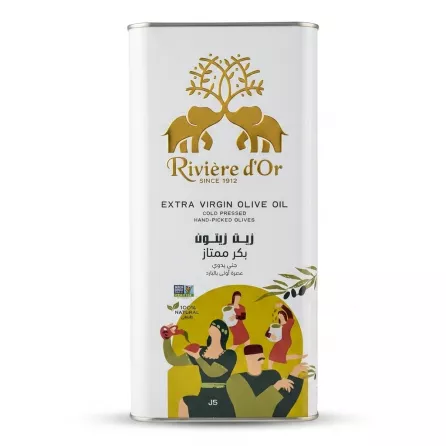 Enhanced Front view of Rivière d'Or Extra Virgin Olive Oil tin showing logo and design