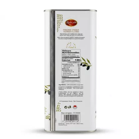 A side view of the Rivière d'Or Cold Pressed Halal Olive Oil tin, showing detailed nutritional information, ingredients, and Tunisian origin on a white, professional e-commerce background.