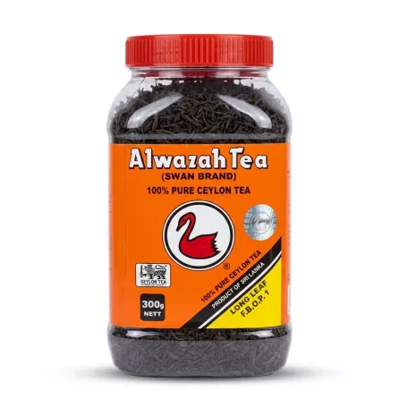 Enhanced Front of Alwazah Tea 300g jar with Swan Brand logo and orange label