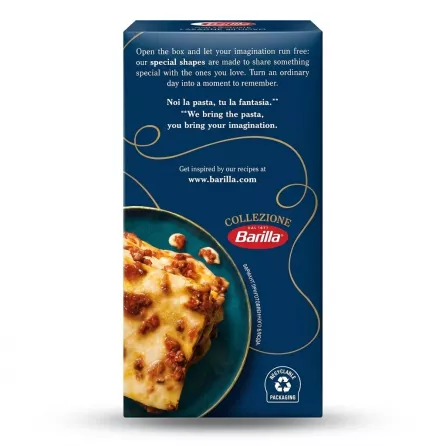 Enhanced Back of Barilla Collezione Lasagne all'Uovo n.199 box with serving suggestion