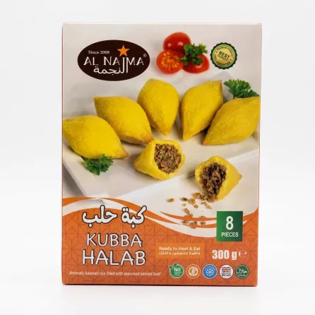 A professional, studio-lit photo of the Al Najma Kubba Halab box, containing 8 pieces (300g) of yellow kibbeh filled with minced beef. The product is centered on a clean white background with a soft shadow and features key details like 'Halal' and 'Ready to Heat & Eat'. **Product Description:** The enhanced image presents the **Al Najma Kubba Halab** box in a high-quality, professional e-commerce format. We've removed all background distractions, price tags, and imperfections to focus entirely on the product. The 1:1 aspect ratio, sharp focus, and balanced studio lighting with soft shadows provide a clean, appealing visual perfect for any online store. All textual and visual product details, including the brand logo, product count, and Halal certification, have been strictly preserved.