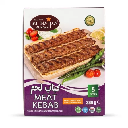 Enhanced Box of Al Najma Meat Kebab showing 5 grilled kebabs on bread with vegetables