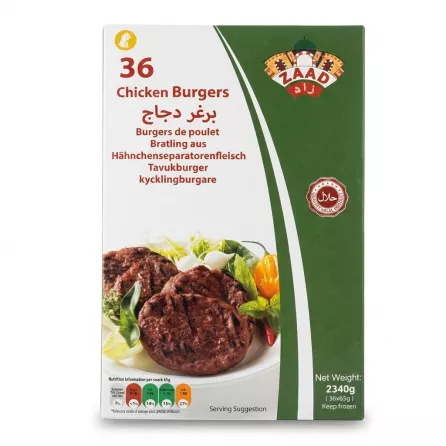 A professional product photo of the Zaad 36-pack Chicken Burgers frozen food box, presented on a pure white background with soft, even shadowing. The packaging is centered, filling 85% of the 1:1 frame, and shows all text including '36 Chicken Burgers' (and multilingual translations), the 'Zaad' logo, the 'Halal' seal, nutritional information, weight, and the detailed serving suggestion illustration of grilled patties.