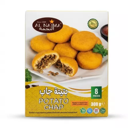 Enhanced Front view of Al Najma Potato Chap package with price label