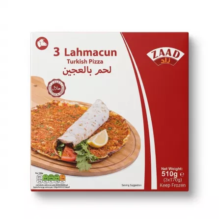 Enhanced Front of Zaad 3 Lahmacun Turkish Pizza box with serving suggestion