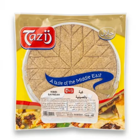 Enhanced Front of Tazij Kibbi Sayneah halal frozen Middle Eastern food in packaging