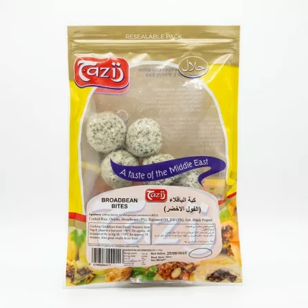 Enhanced Front of Tazij Broadbean Bites 500g package showing product and ingredients