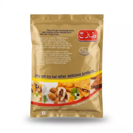 Enhanced Back view of Tazij Kubba Tapsi pack with ingredients and description