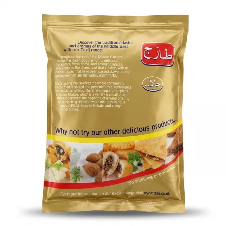 Enhanced Back of Tazij Kofta Fingers pack with description and serving suggestions