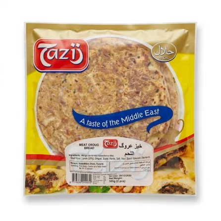Enhanced Front of Tazij Meat Oroug Bread package in freezer