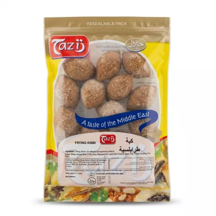 Enhanced Front of Tazij Frying Kibbi Halal resealable pack with visible kibbi