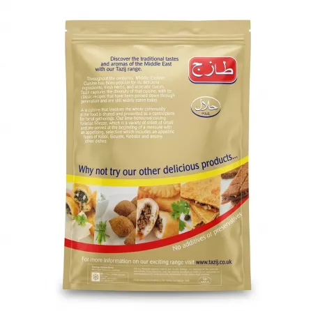A professional e-commerce product image showing the back of a Tazij Frying Kibbi Halal stand-up pouch, isolated on a white background. The light gold package features the Tazij logo in Arabic, a Halal certification mark, and a clear serving suggestion graphic displaying various appetizer-style foods including fried kibbeh and pastries.