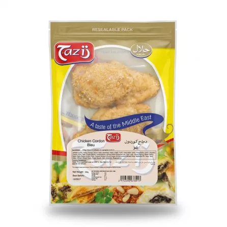 Enhanced Front view of Tazij Halal Chicken Corden Bleu packaging showing product and ingredients