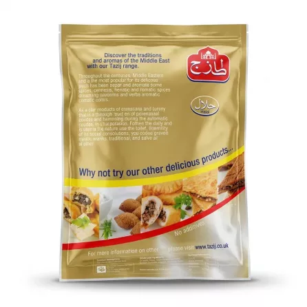 Enhanced Back of Tazij Halal Chicken Corden Bleu pack with promotional images and descriptions