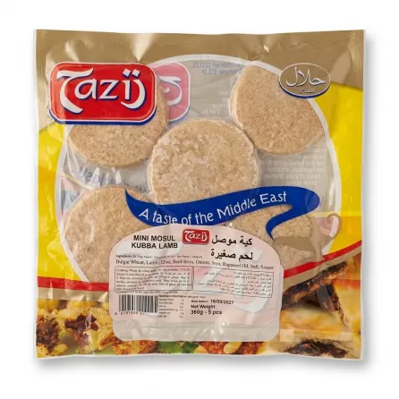 A 1:1 professional e-commerce product photograph of the Tazij Lamb Mini Kubba, presenting the front of the ready-to-cook frozen package against a seamless white background. The central label clearly details the product as Halal Tazij Mini Mosul Kubba Lamb, with accurate text in English and Arabic, ingredients (Bulgur Wheat, Lamb, Beef, etc.), nutrition, cooking instructions, and Net Weight (360g - 5 pcs). All original text and details are preserved.