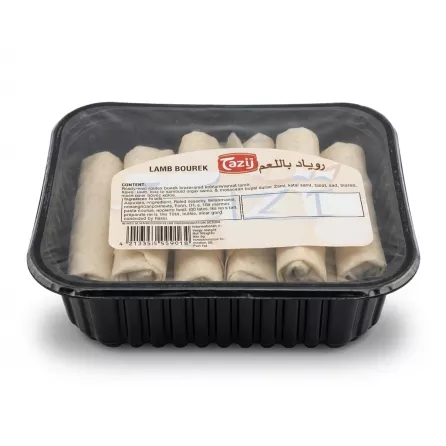 Enhanced Side view of Tazij Lamb Bourek pack showing 10 pieces inside tray