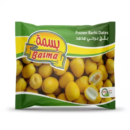 Enhanced Front of Basma Frozen Barhi Dates 400g pack showing yellow dates