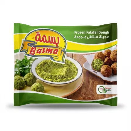 Enhanced Front of Basma Frozen Falafel Dough 400g showing packaging and falafel