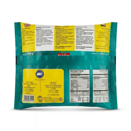 Enhanced Back of Basma Frozen White Beans pack with nutrition and details
