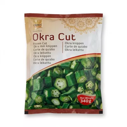 Enhanced Front of Crown Okra Cut Frozen 340g pack showing cut okra and special offer label