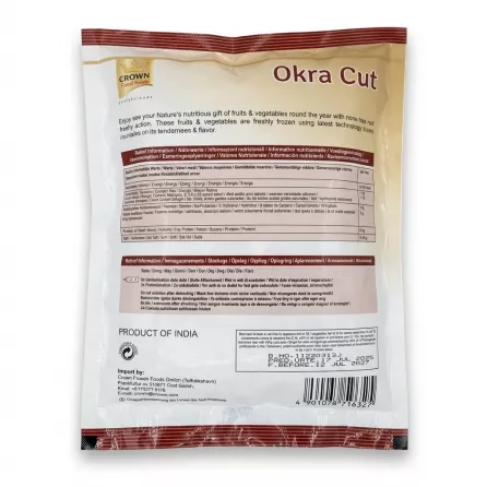 Enhanced Back of Crown Okra Cut Frozen 340g pack with nutritional and storage information