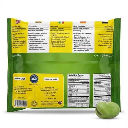 Enhanced Back of Basma Frozen Green Broad Beans 400g pack showing preparation and nutritional information