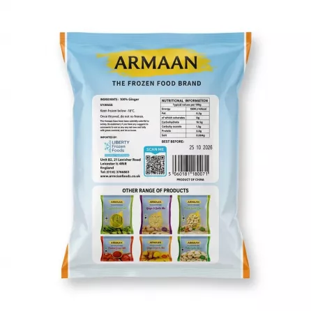 Enhanced Back of Armaan Crushed Ginger pack with ingredients and nutritional info