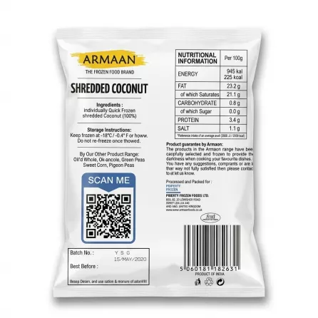 Enhanced Back view of Armaan Shredded Coconut pack with ingredients and nutritional info