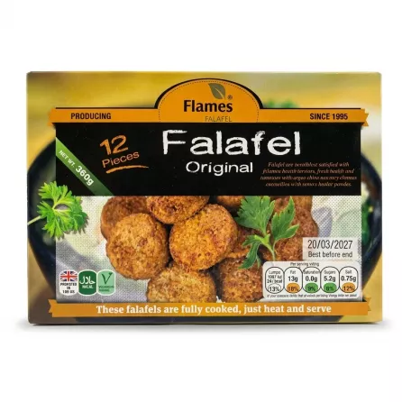 Enhanced Front of Flames Falafel Original 12 Pieces box packaging