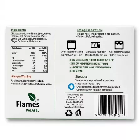 Enhanced Back of Flames Falafel Original box displaying ingredients and heating instructions