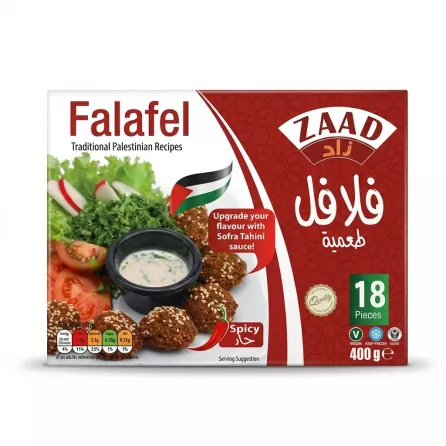 Enhanced Front of ZAAD Falafel box with spicy and vegan labels