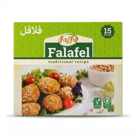 Enhanced Front box of Jaffa Falafel Traditional Recipe 15 Pieces with chickpea falafel balls on plate