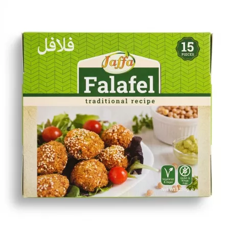 A 1:1 e-commerce photo of the Jaffa Falafel traditional recipe packaging, with all text and logos in sharp focus, set against a clean white background with a soft, even shadow. PRODUCT TITLE: Jaffa Falafel 15 Pieces - Halal & Gluten Free
