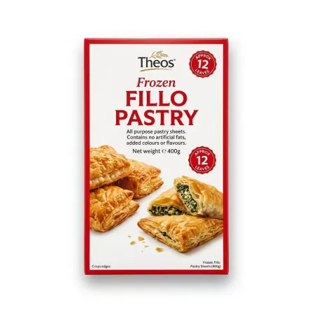 Enhanced Front of Theos Frozen Fillo Pastry Sheets 400g box held in hand showing product and packaging
