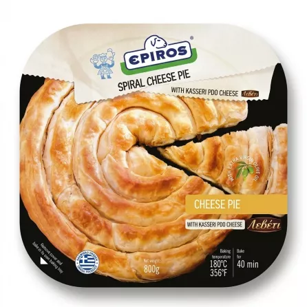 A 1:1 professional e-commerce product photograph of the Epiros Spiral Cheese Pie (800g) in its retail packaging. The pie is centered, filling 85% of the frame against a clean, plain background. The complex spiral shape of the golden-baked pie is clearly visible, with the green price sticker removed from the top slice for a clean look. All original packaging text and branding, including the "EPIROS" logo, "SPIRAL CHEESE PIE WITH KASSERI PDO CHEESE," and cooking instructions, are retained and perfectly legible under studio lighting.