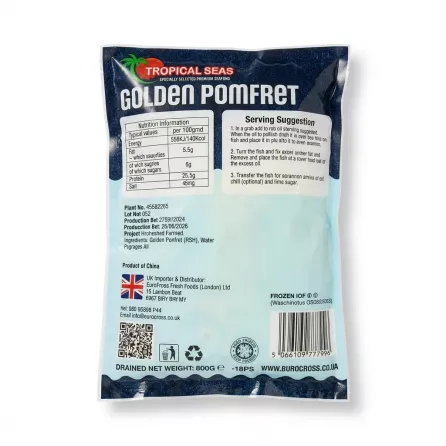 A professional e-commerce shot of the back of a frozen Tropical Seas Golden Pomfret packet, clearly showing nutrition facts, ingredients, serving suggestions, and contact information. The packaging features bold "TROPICAL SEAS GOLDEN POMFRET" text and a UK flag on a clean white background with a subtle shadow.