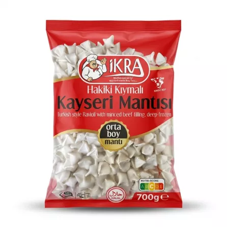 Enhanced Front of Ikra Kayseri Manti beef ravioli 700g frozen pack