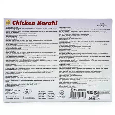 Enhanced Back packaging of Crown Chicken Karahi showing ingredients and information