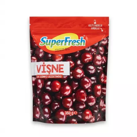 Enhanced Front of SuperFresh Frozen Sour Cherries 350g pack on store shelf