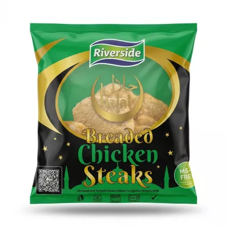 A professional studio photograph of a bag of Riverside Halal Breaded Chicken Steaks. The green and black packaging features a golden Halal certification crescent, a clear window to the breaded chicken steaks, and golden and green text, presented centrally against a clean white background.