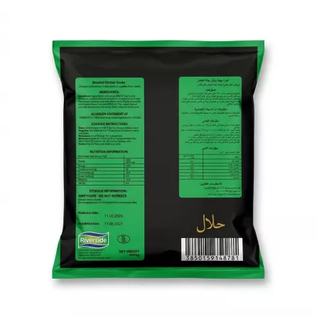 Enhanced Back of Riverside Breaded Chicken Steaks bag with ingredient and nutritional information